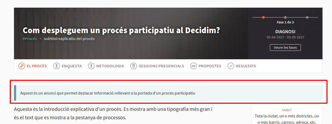 Anunci a la home d'un procés participatiu